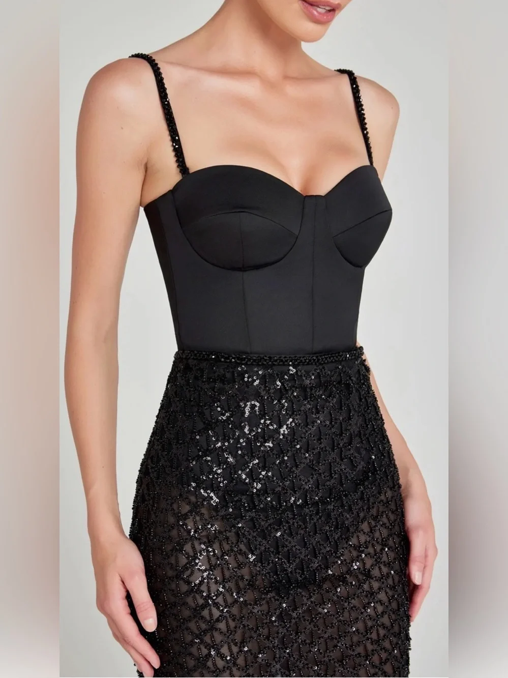 NEW NADINE MERABI Valentina Mixed Media Black Beaded Bustier Gown Sz 2 - Picture 2 of 12
